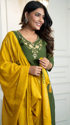 Vedant Vastram Roman Silk Hand Work & Embroidery Work Stitched Kurta Pant Dupatta Set-Mehandi | Grocsy