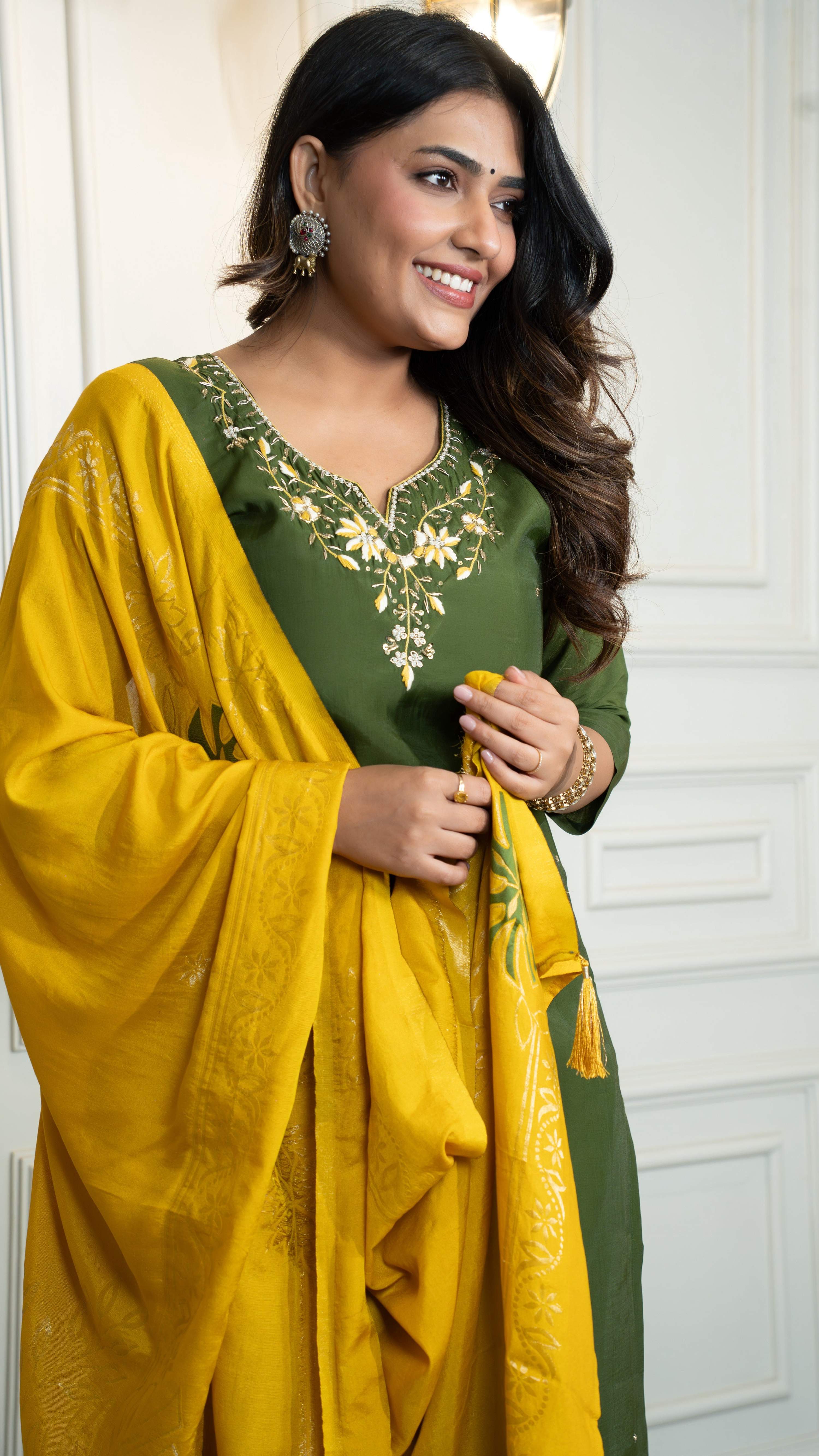 Vedant Vastram Roman Silk Hand Work & Embroidery Work Stitched Kurta Pant Dupatta Set-Mehandi | Grocsy