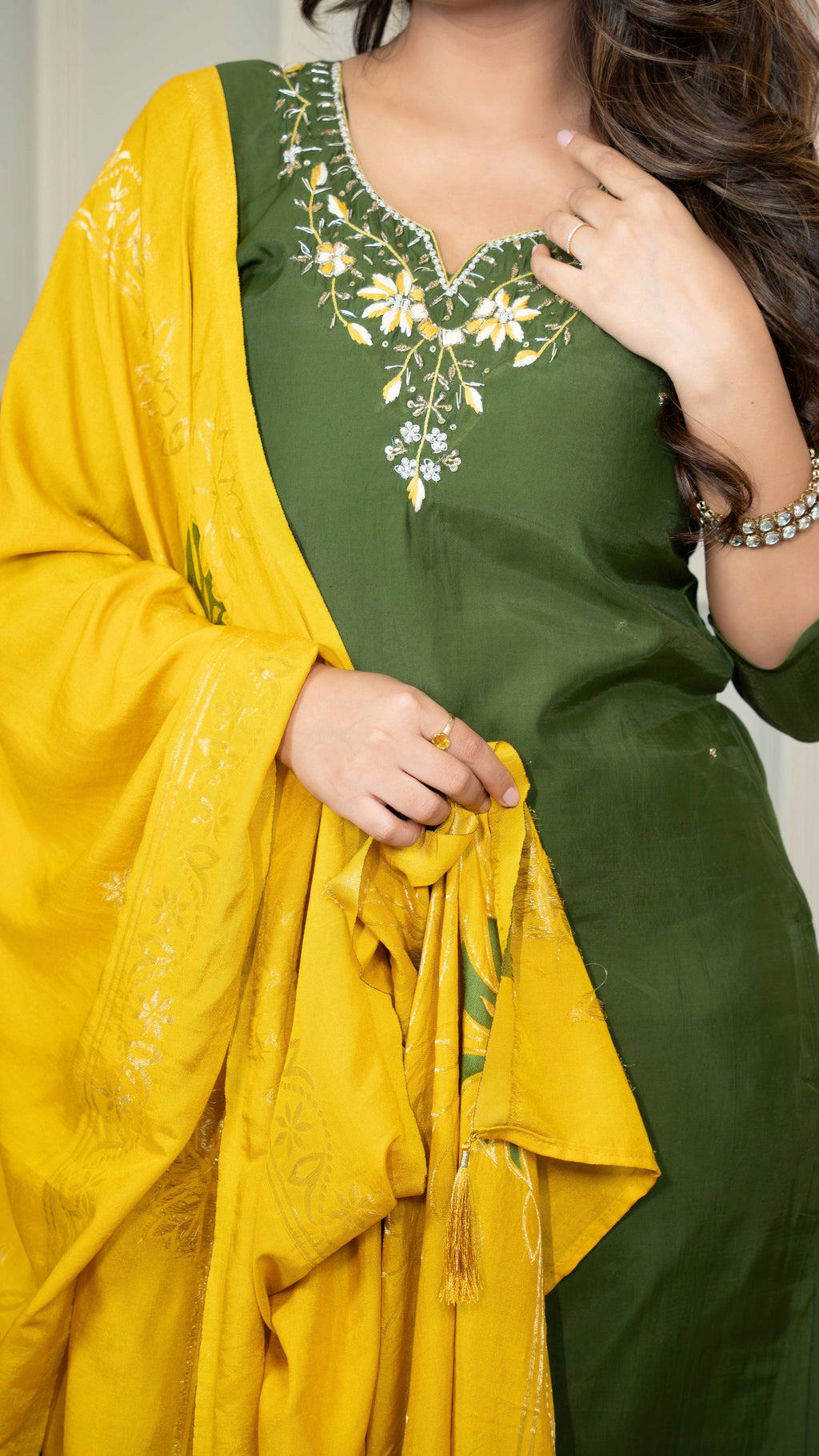 Vedant Vastram Roman Silk Hand Work & Embroidery Work Stitched Kurta Pant Dupatta Set-Mehandi | Grocsy