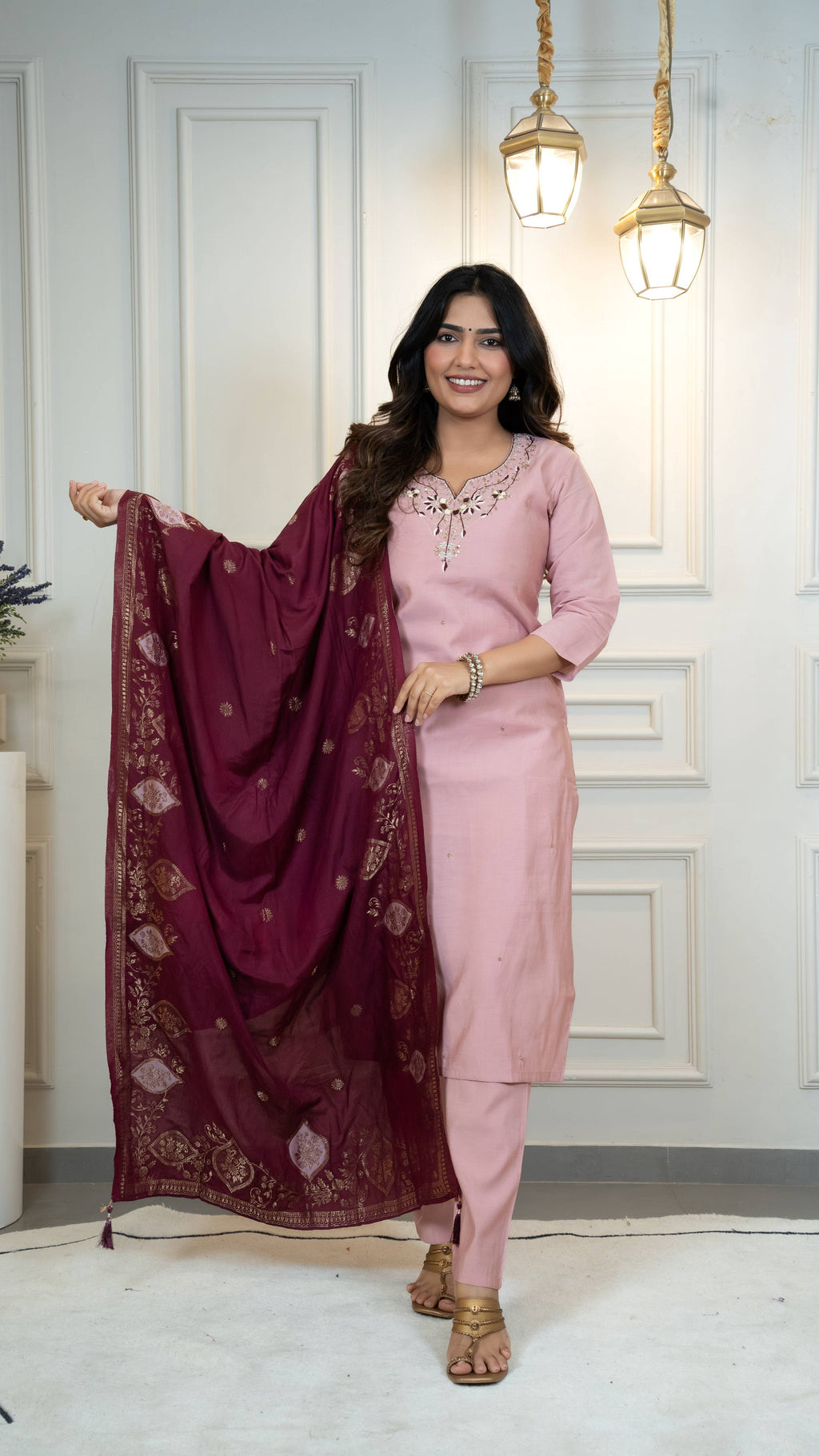 Vedant Vastram Roman Silk Hand Work & Embroidery Work Stitched Kurta Pant Dupatta Set-Peach | Grocsy