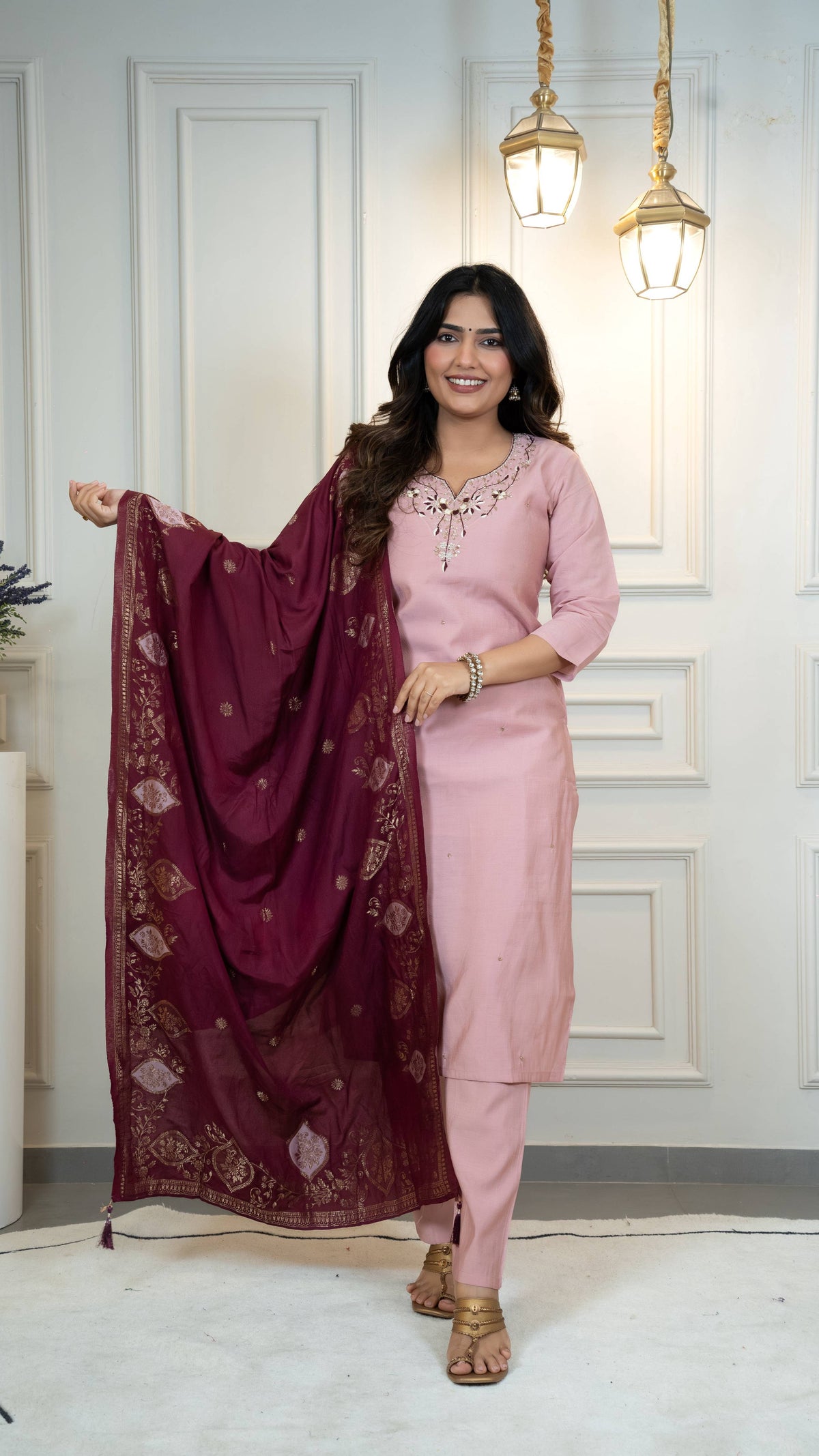 Vedant Vastram Roman Silk Hand Work & Embroidery Work Stitched Kurta Pant Dupatta Set-Peach | Grocsy