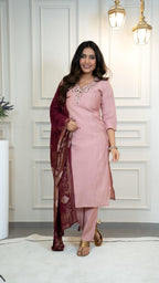 Vedant Vastram Roman Silk Hand Work & Embroidery Work Stitched Kurta Pant Dupatta Set-Peach | Grocsy