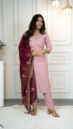 Vedant Vastram Roman Silk Hand Work & Embroidery Work Stitched Kurta Pant Dupatta Set-Peach | Grocsy