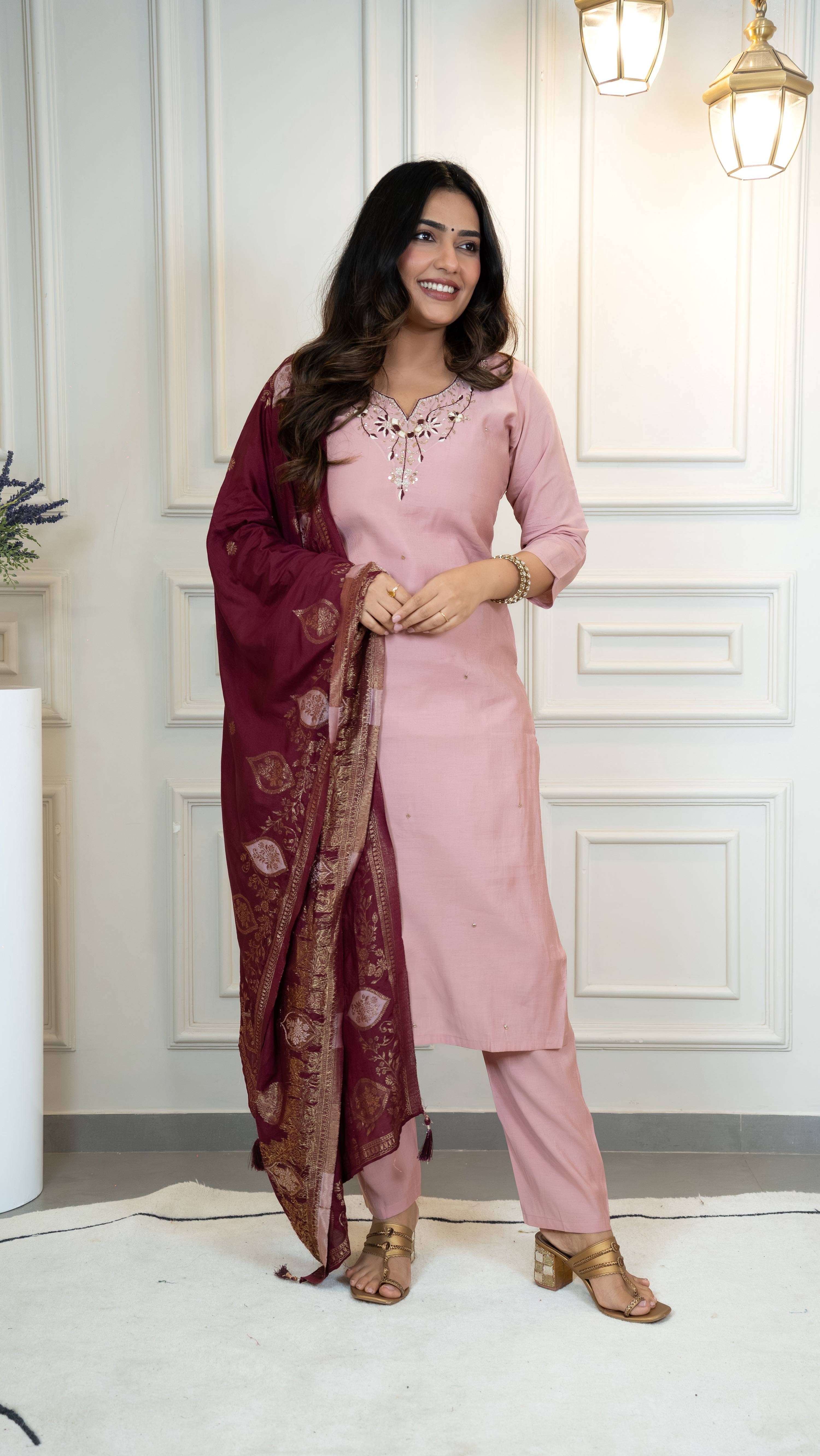 Vedant Vastram Roman Silk Hand Work & Embroidery Work Stitched Kurta Pant Dupatta Set-Peach | Grocsy