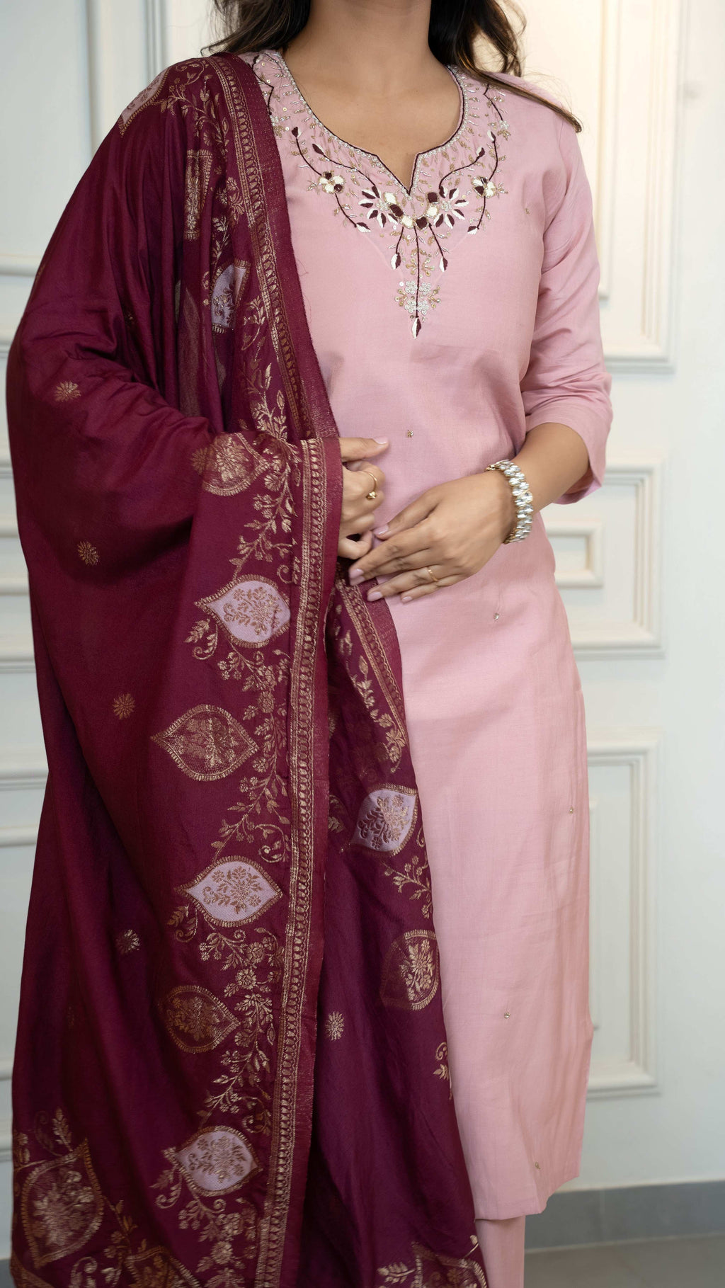 Vedant Vastram Roman Silk Hand Work & Embroidery Work Stitched Kurta Pant Dupatta Set-Peach | Grocsy