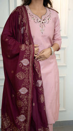 Vedant Vastram Roman Silk Hand Work & Embroidery Work Stitched Kurta Pant Dupatta Set-Peach | Grocsy