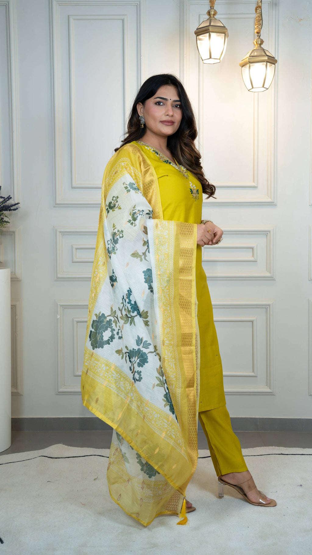 Vedant Vastram Roman Silk Hand Work & Embroidery Work Stitched Kurta Pant Dupatta Set-Yellow | Grocsy