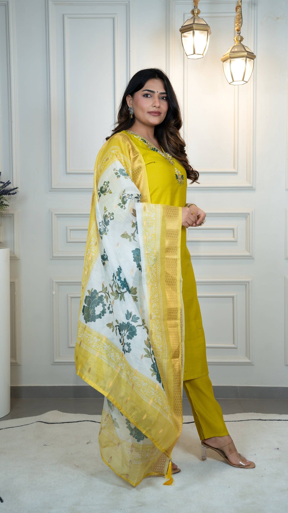 Vedant Vastram Roman Silk Hand Work & Embroidery Work Stitched Kurta Pant Dupatta Set-Yellow | Grocsy