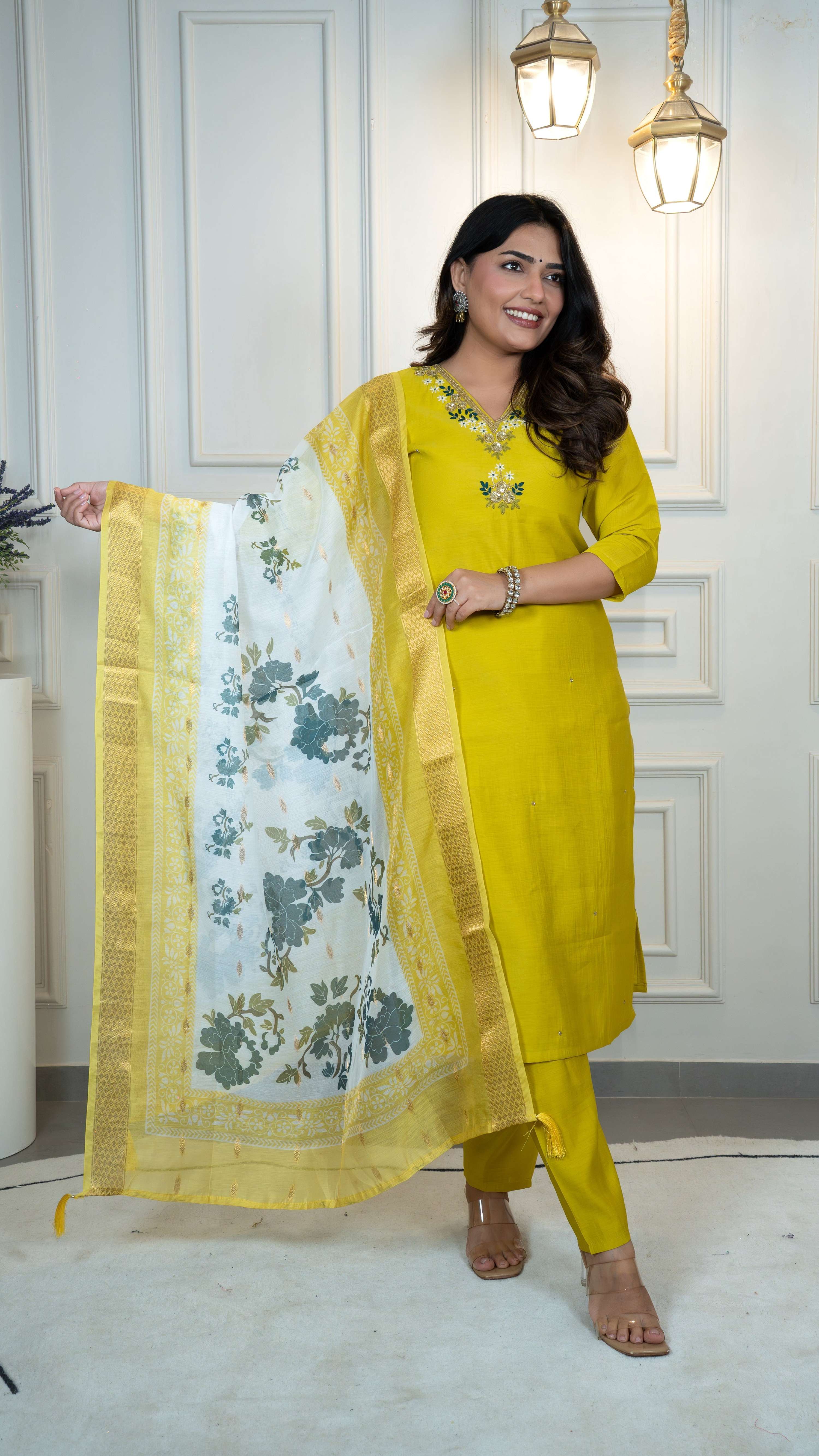 Vedant Vastram Roman Silk Hand Work & Embroidery Work Stitched Kurta Pant Dupatta Set-Yellow | Grocsy