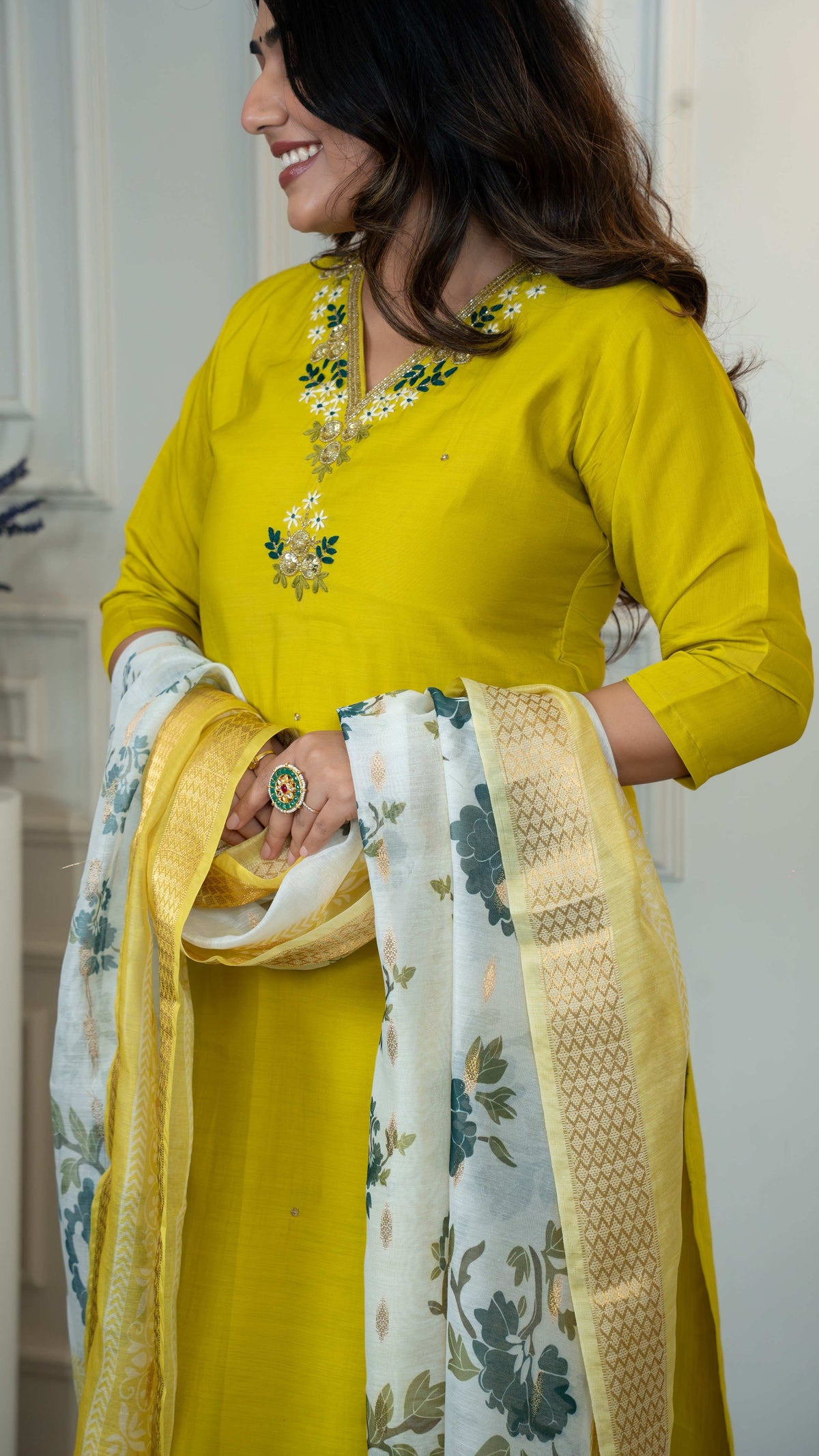 Vedant Vastram Roman Silk Hand Work & Embroidery Work Stitched Kurta Pant Dupatta Set-Yellow | Grocsy