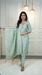 Vedant Vastram Roman Silk Hand Work & Embroidery Work Stitched Kurta Pant Dupatta Set-Sea Green | Grocsy