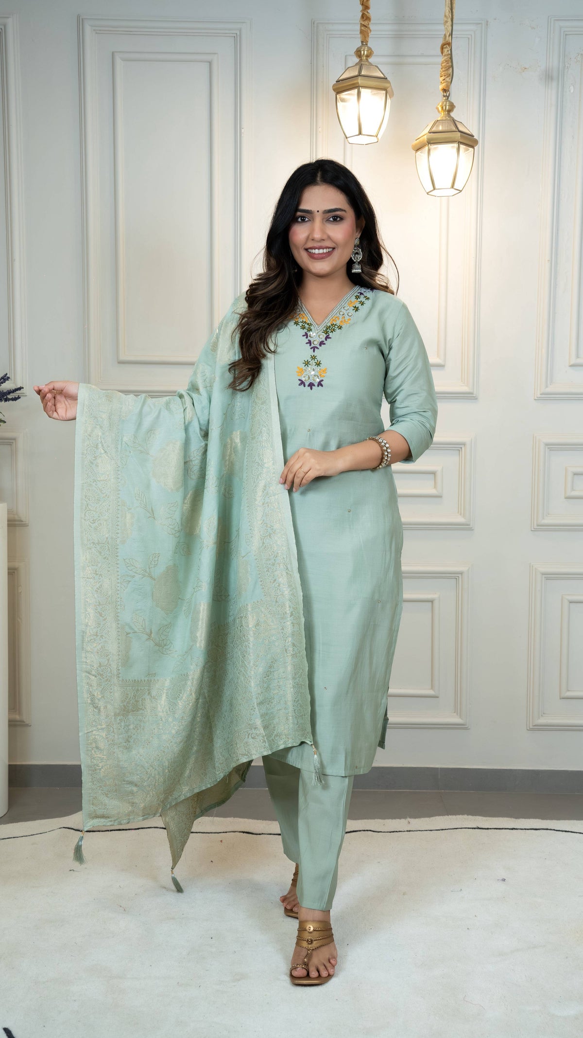 Vedant Vastram Roman Silk Hand Work & Embroidery Work Stitched Kurta Pant Dupatta Set-Sea Green | Grocsy