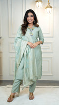 Vedant Vastram Roman Silk Hand Work & Embroidery Work Stitched Kurta Pant Dupatta Set-Sea Green | Grocsy