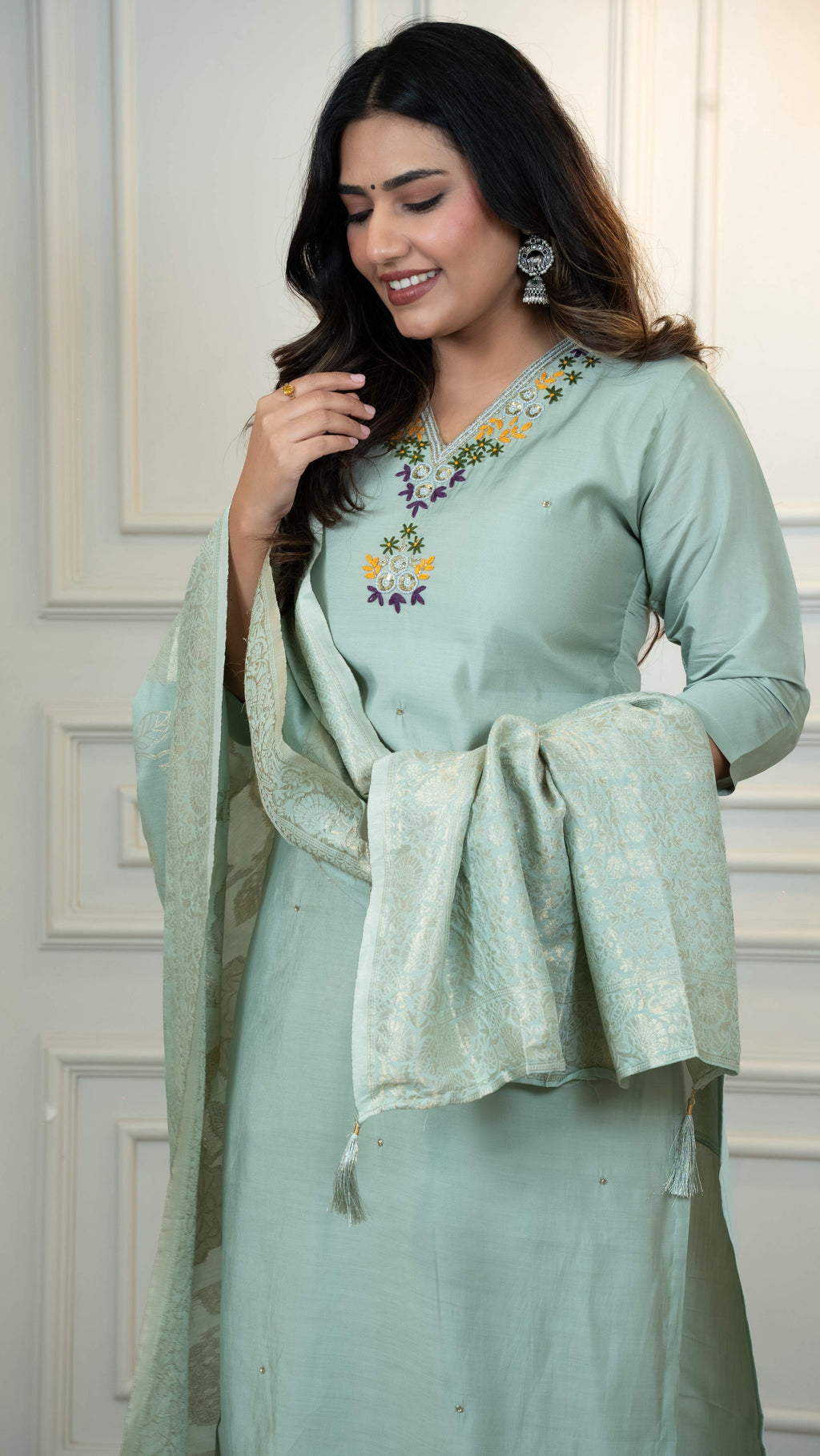 Vedant Vastram Roman Silk Hand Work & Embroidery Work Stitched Kurta Pant Dupatta Set-Sea Green | Grocsy