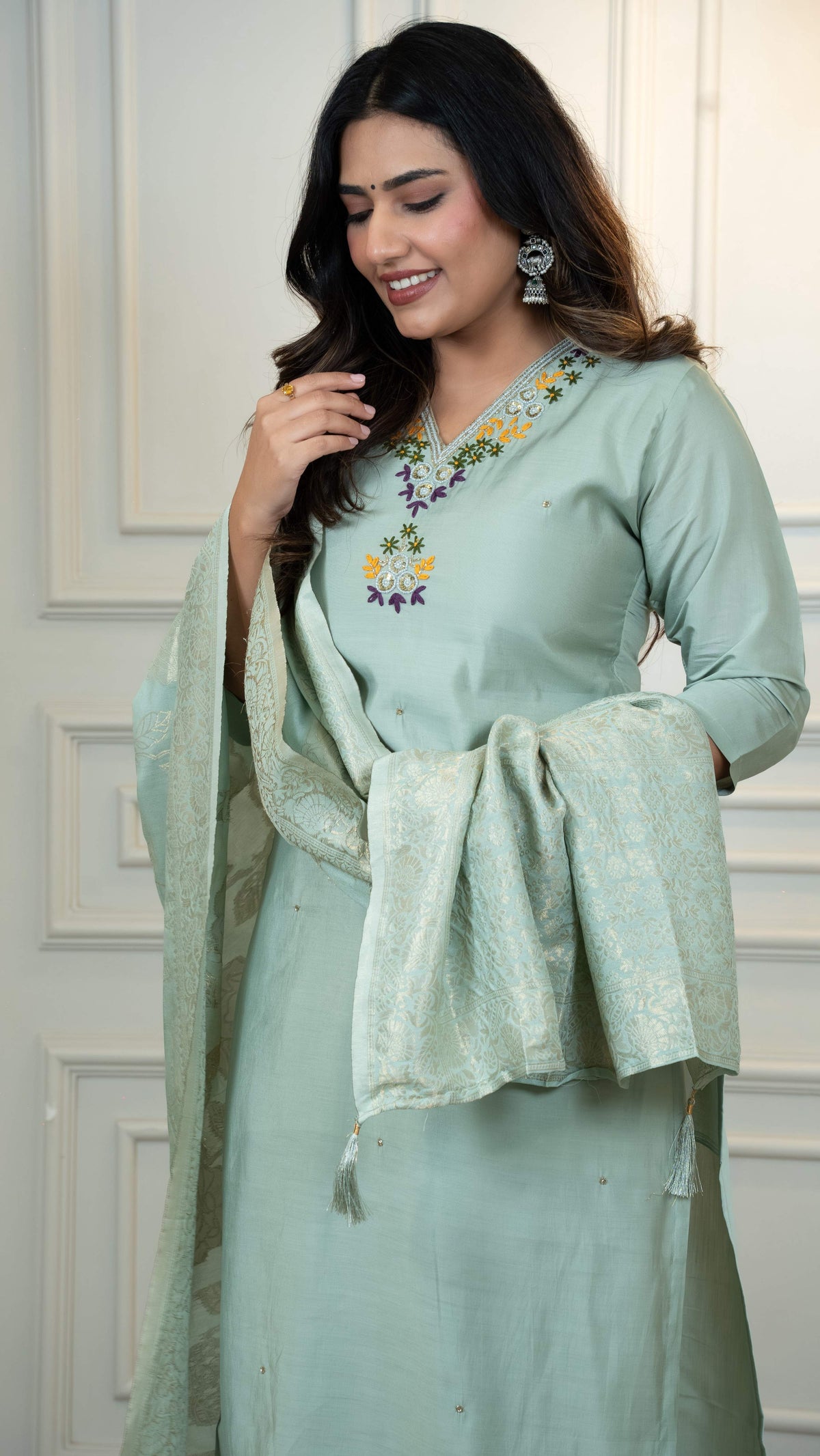Vedant Vastram Roman Silk Hand Work & Embroidery Work Stitched Kurta Pant Dupatta Set-Sea Green | Grocsy
