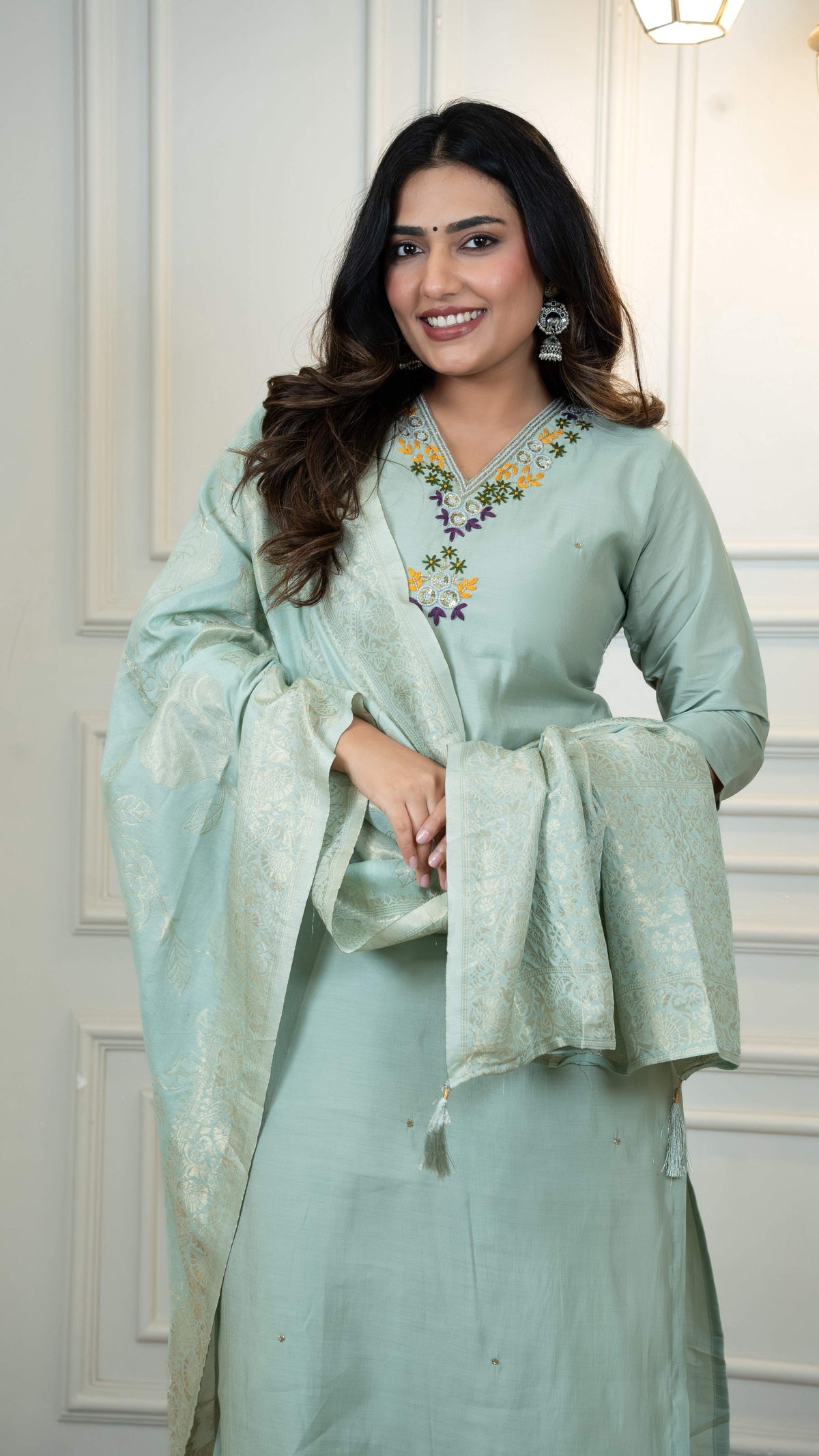 Vedant Vastram Roman Silk Hand Work & Embroidery Work Stitched Kurta Pant Dupatta Set-Sea Green | Grocsy