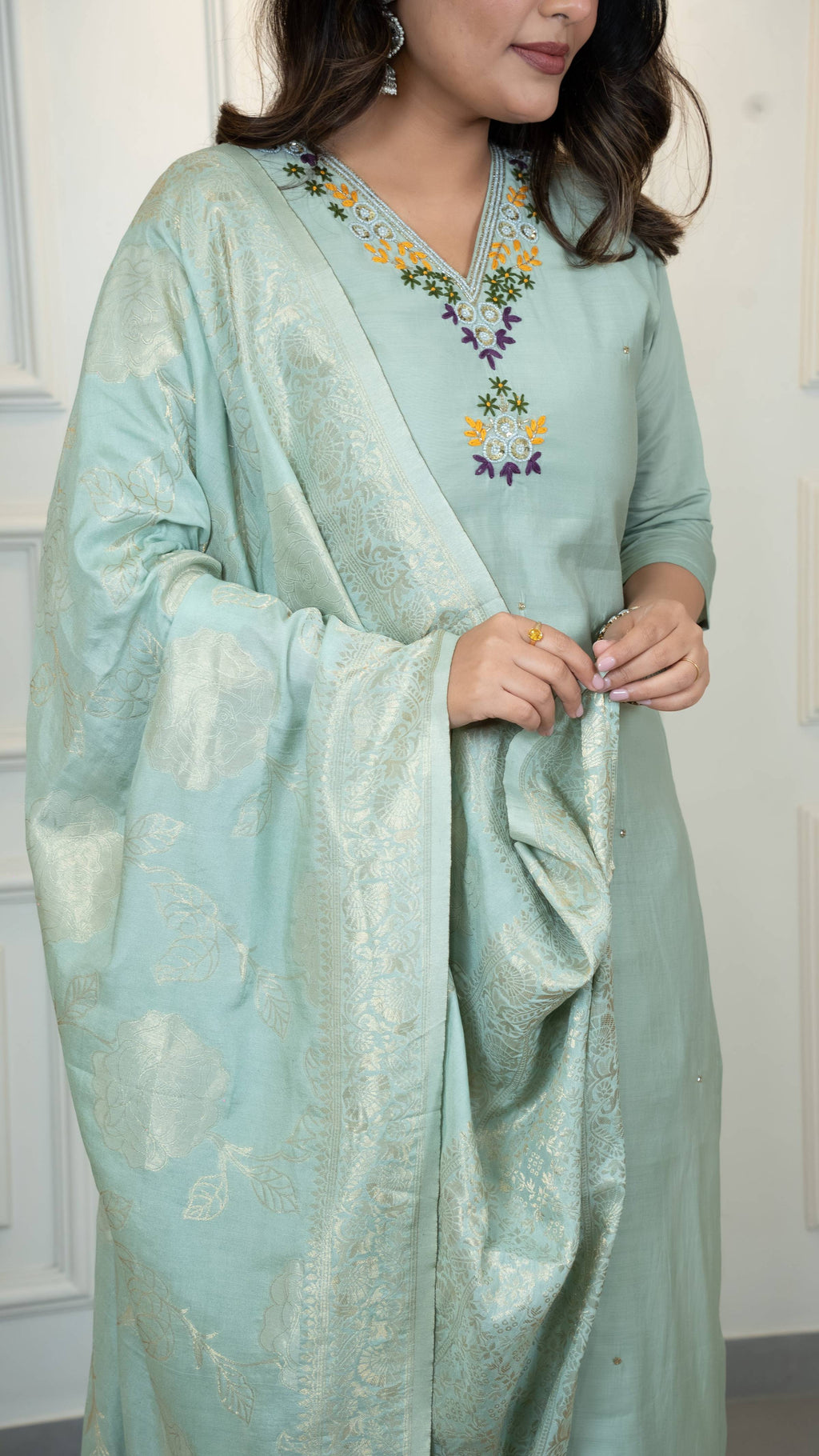 Vedant Vastram Roman Silk Hand Work & Embroidery Work Stitched Kurta Pant Dupatta Set-Sea Green | Grocsy
