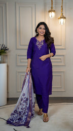 Vedant Vastram Roman Silk Hand Work & Embroidery Work Stitched Kurta Pant Dupatta Set-Purple | Grocsy