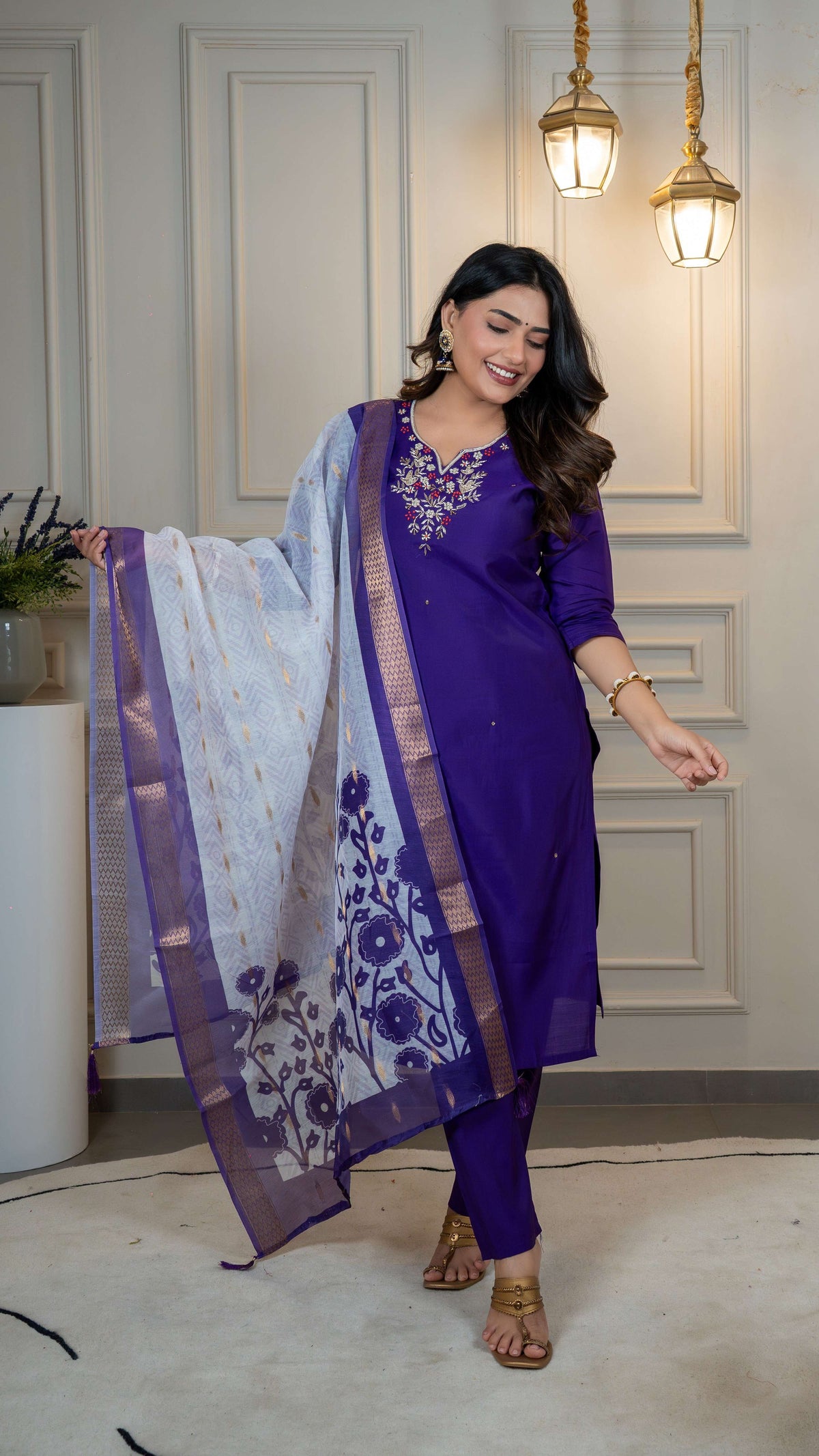 Vedant Vastram Roman Silk Hand Work & Embroidery Work Stitched Kurta Pant Dupatta Set-Purple | Grocsy