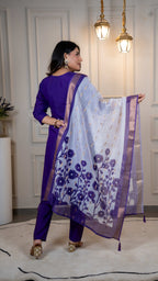 Vedant Vastram Roman Silk Hand Work & Embroidery Work Stitched Kurta Pant Dupatta Set-Purple | Grocsy