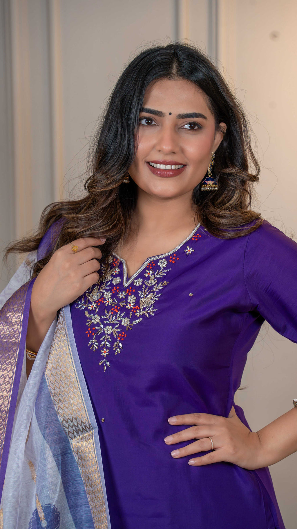Vedant Vastram Roman Silk Hand Work & Embroidery Work Stitched Kurta Pant Dupatta Set-Purple | Grocsy