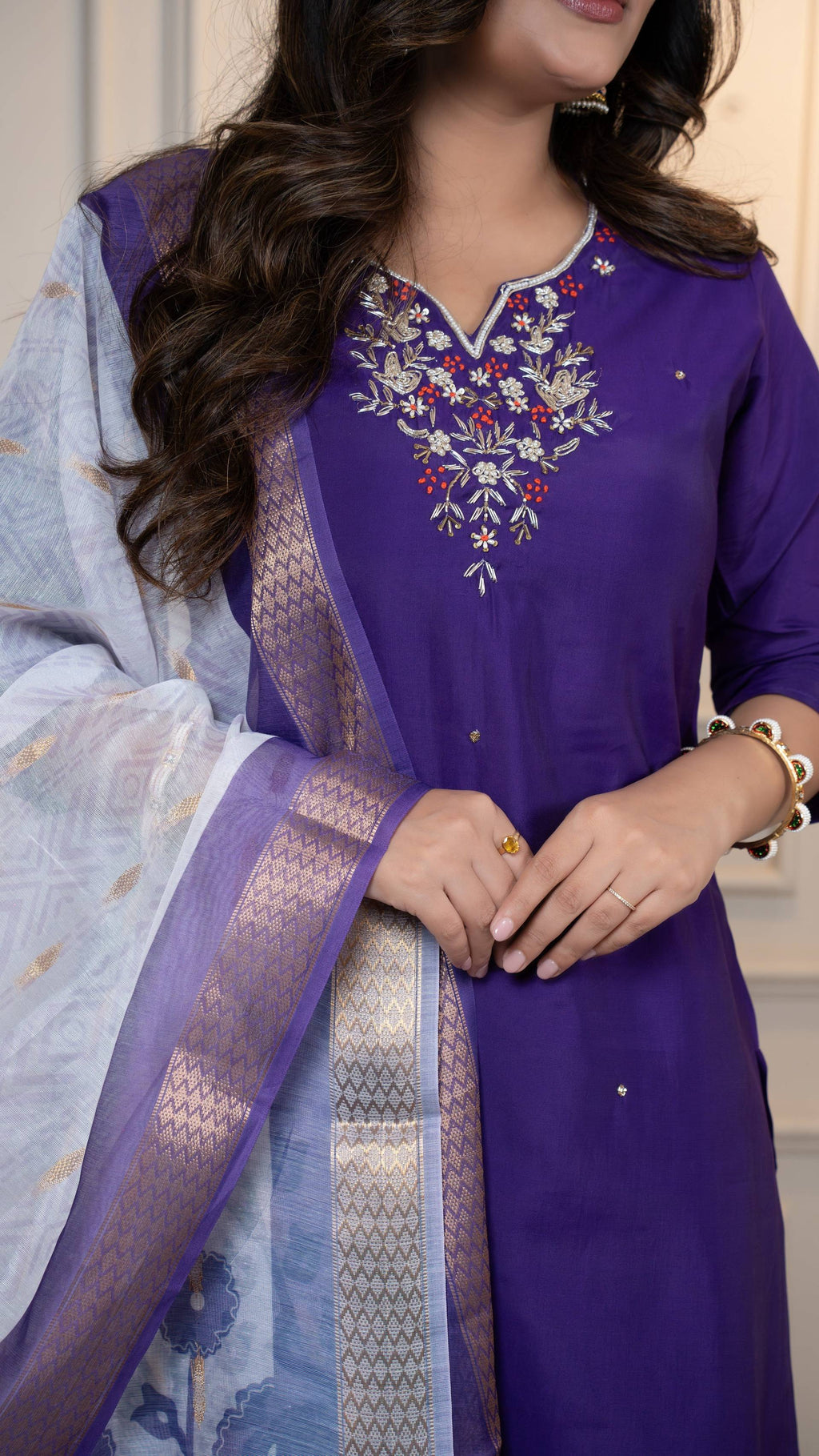 Vedant Vastram Roman Silk Hand Work & Embroidery Work Stitched Kurta Pant Dupatta Set-Purple | Grocsy