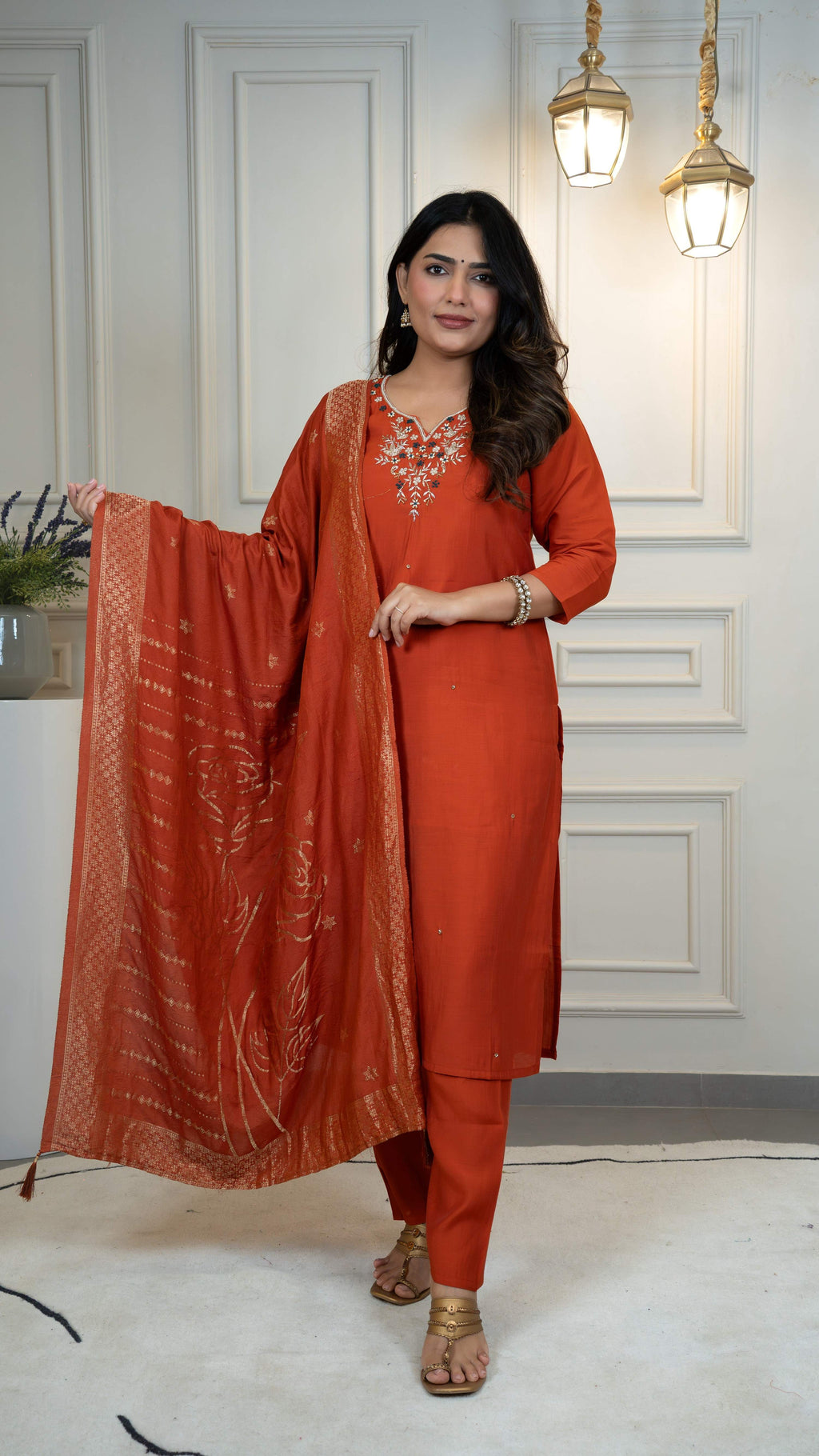 Vedant Vastram Roman Silk Hand Work & Embroidery Work Stitched Kurta Pant Dupatta Set-Rust | Grocsy