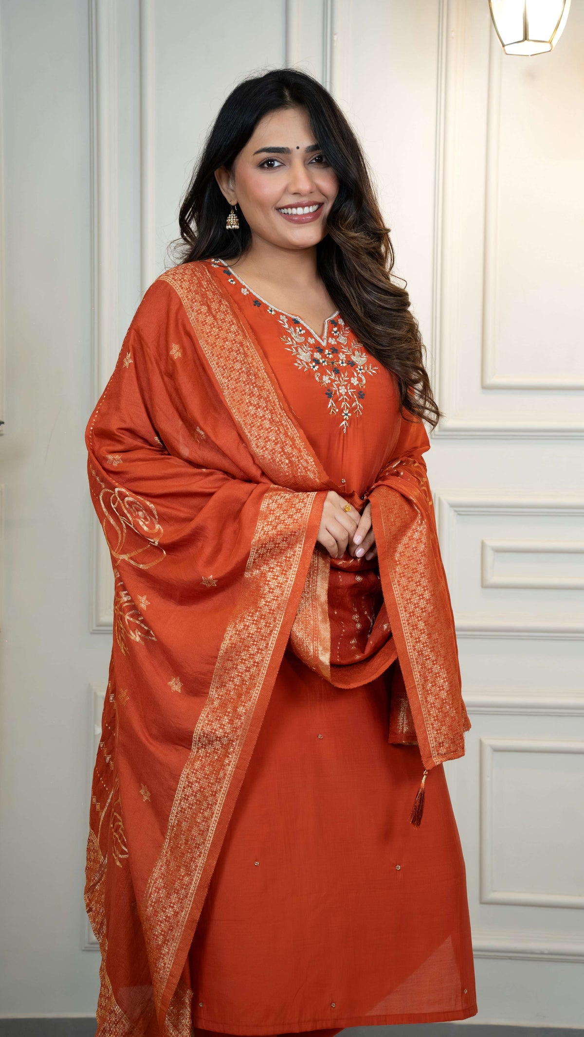 Vedant Vastram Roman Silk Hand Work & Embroidery Work Stitched Kurta Pant Dupatta Set-Rust | Grocsy