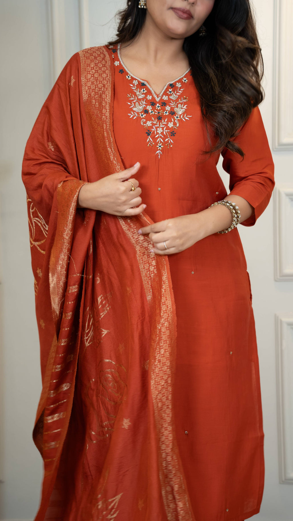 Vedant Vastram Roman Silk Hand Work & Embroidery Work Stitched Kurta Pant Dupatta Set-Rust | Grocsy