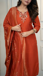Vedant Vastram Roman Silk Hand Work & Embroidery Work Stitched Kurta Pant Dupatta Set-Rust | Grocsy