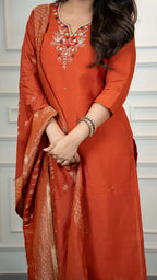 Vedant Vastram Roman Silk Hand Work & Embroidery Work Stitched Kurta Pant Dupatta Set-Rust | Grocsy