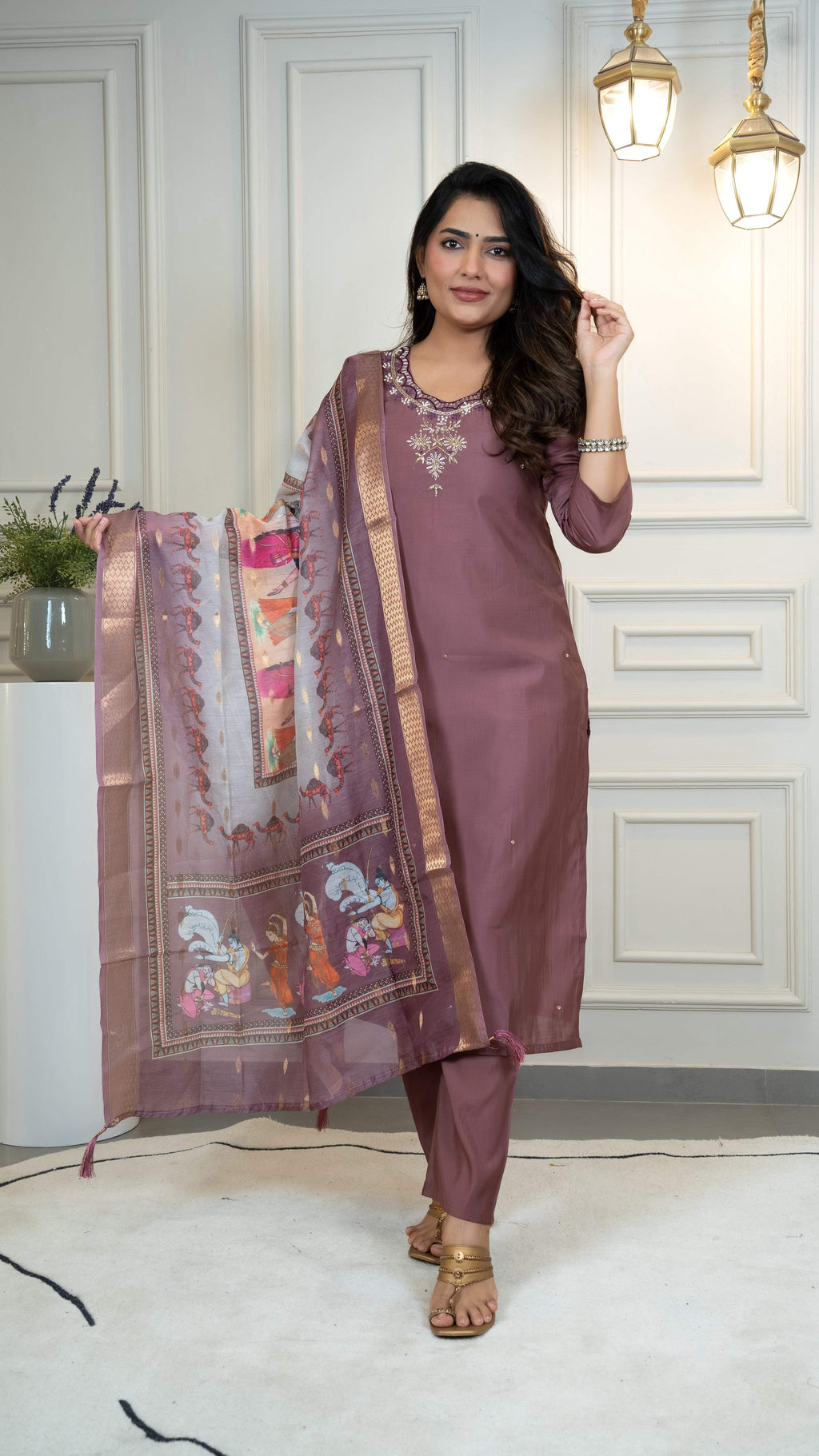 Vedant Vastram Roman Silk Hand Work & Embroidery Work Stitched Kurta Pant Dupatta Set-Burgundy | Grocsy