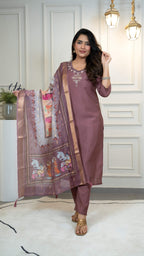 Vedant Vastram Roman Silk Hand Work & Embroidery Work Stitched Kurta Pant Dupatta Set-Burgundy | Grocsy
