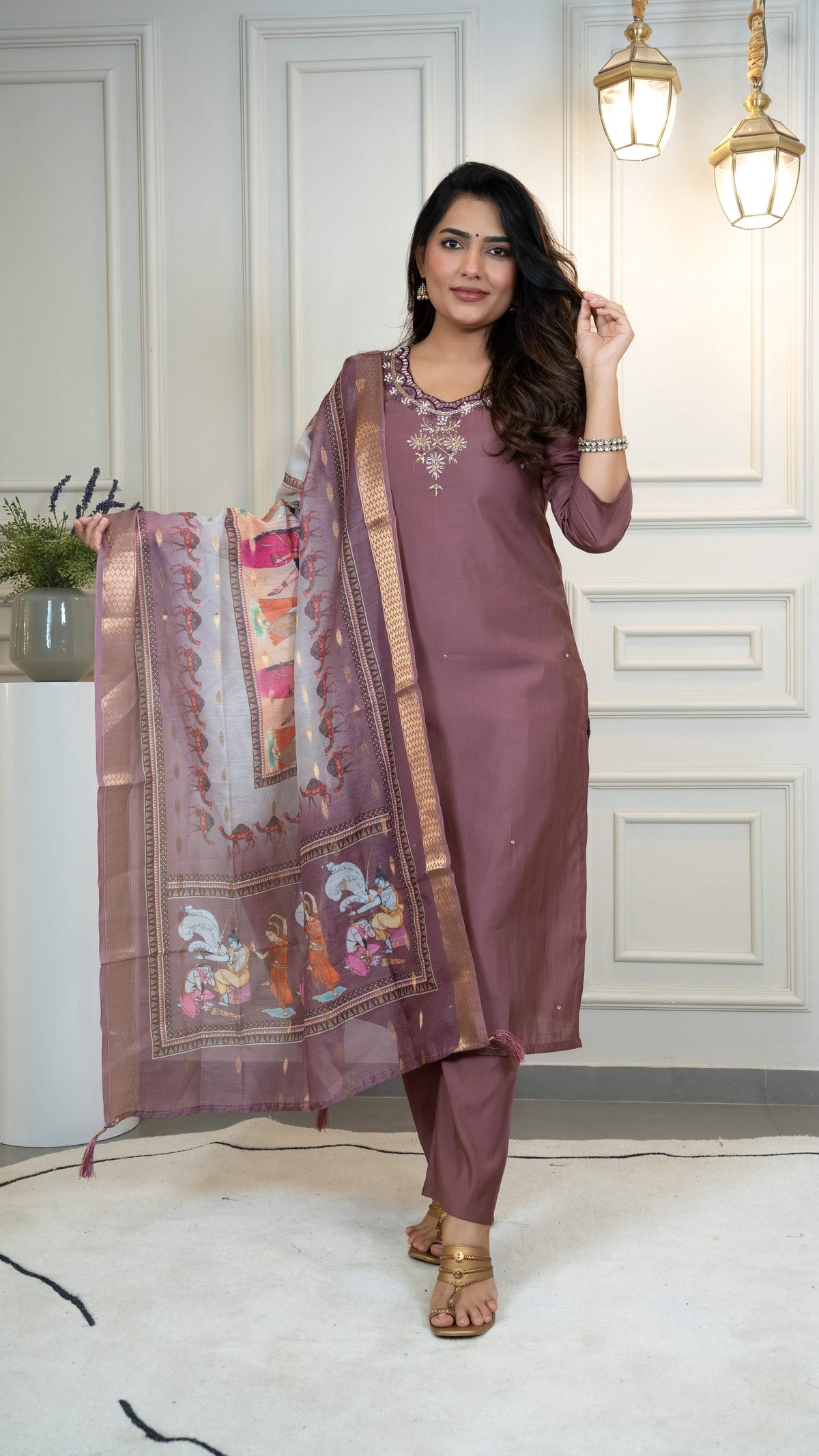 Vedant Vastram Roman Silk Hand Work & Embroidery Work Stitched Kurta Pant Dupatta Set-Burgundy | Grocsy