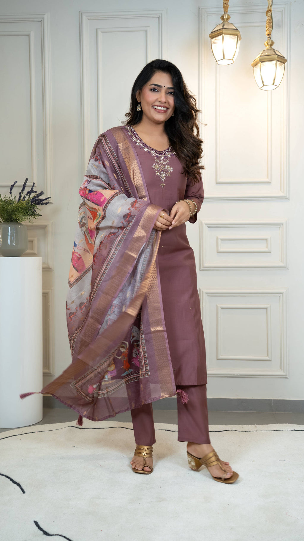 Vedant Vastram Roman Silk Hand Work & Embroidery Work Stitched Kurta Pant Dupatta Set-Burgundy | Grocsy