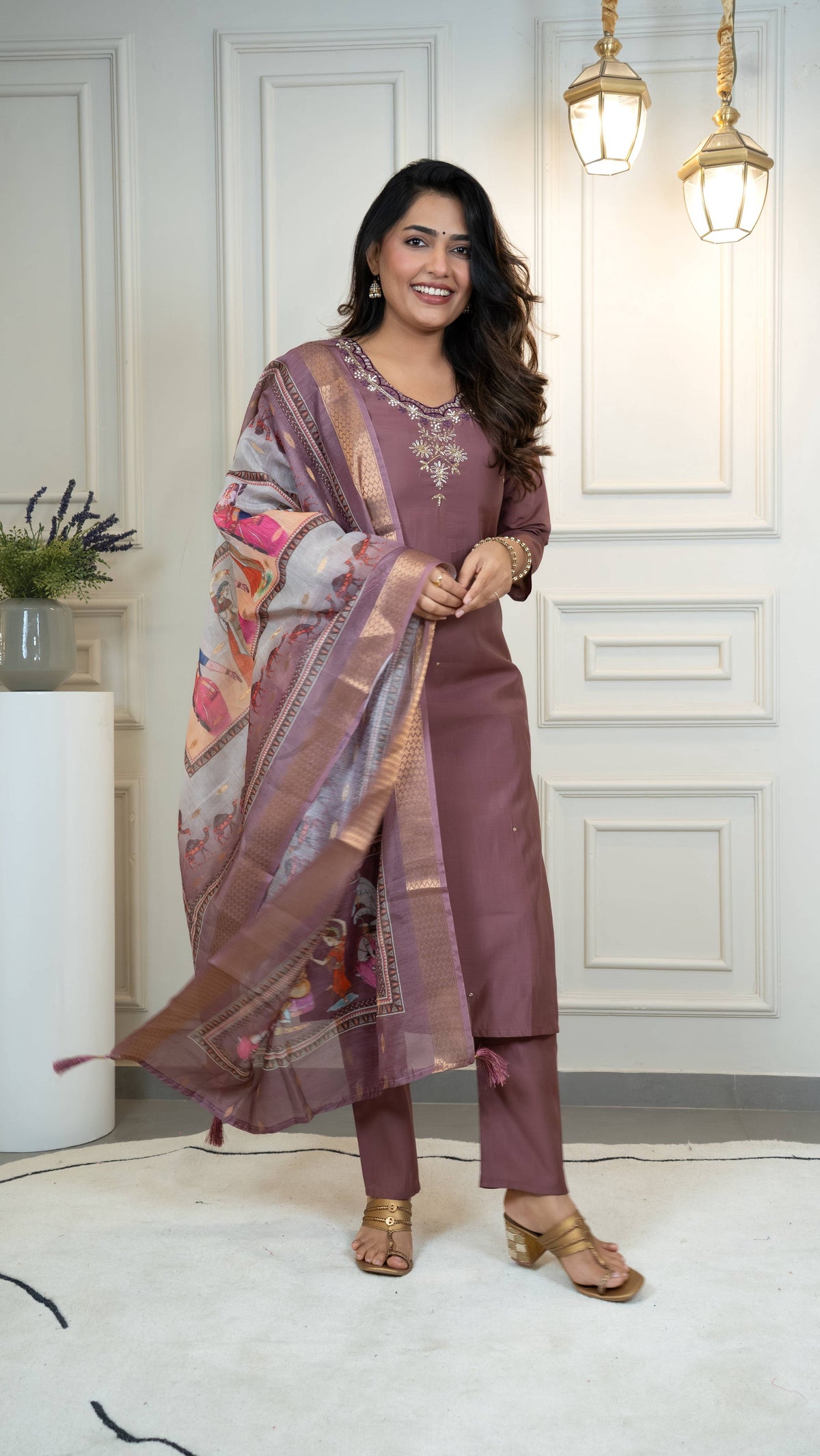 Vedant Vastram Roman Silk Hand Work & Embroidery Work Stitched Kurta Pant Dupatta Set-Burgundy | Grocsy