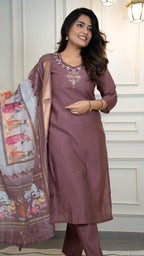 Vedant Vastram Roman Silk Hand Work & Embroidery Work Stitched Kurta Pant Dupatta Set-Burgundy | Grocsy