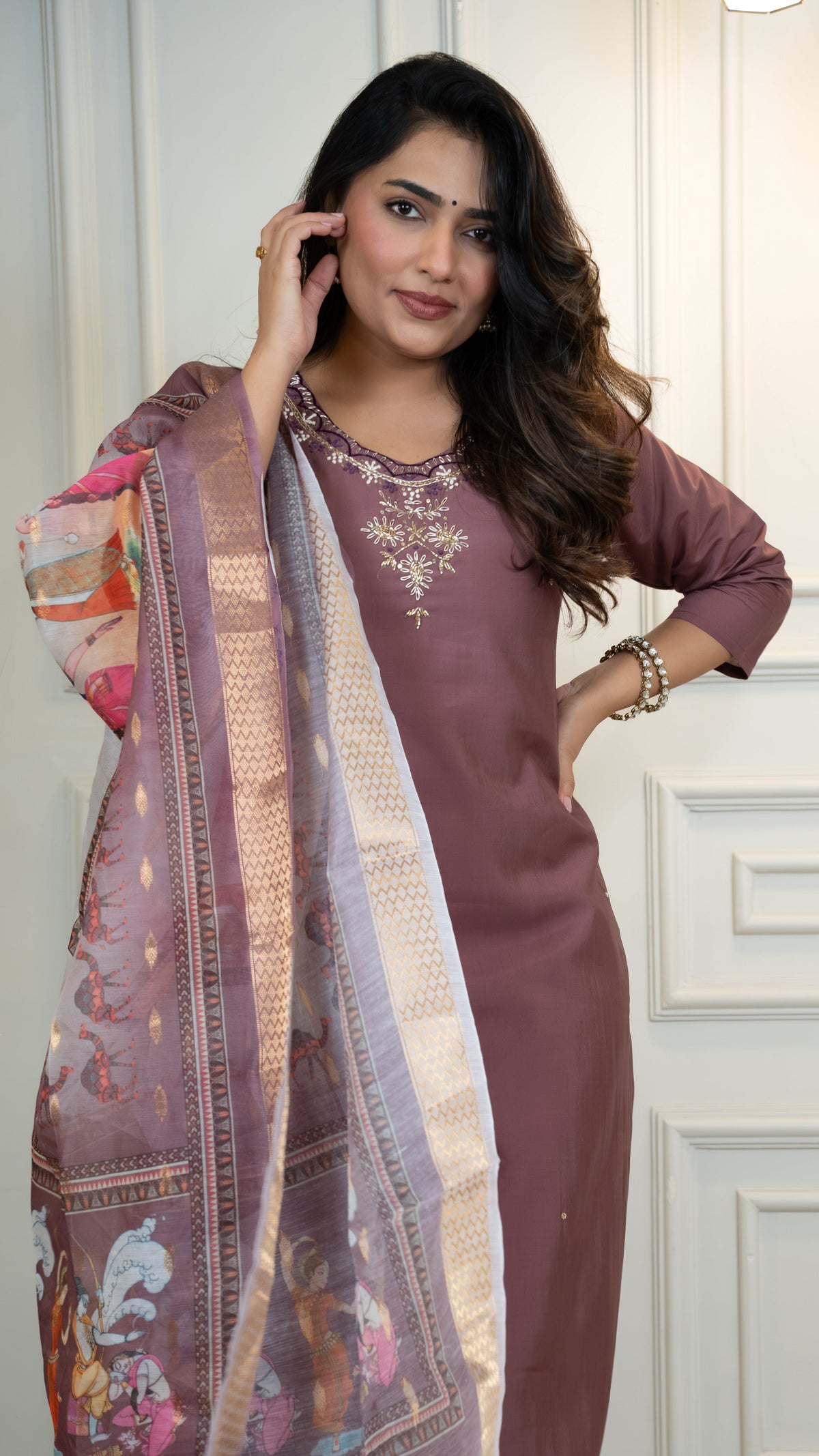 Vedant Vastram Roman Silk Hand Work & Embroidery Work Stitched Kurta Pant Dupatta Set-Burgundy | Grocsy