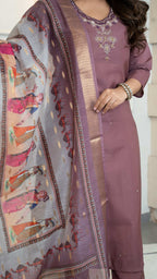 Vedant Vastram Roman Silk Hand Work & Embroidery Work Stitched Kurta Pant Dupatta Set-Burgundy | Grocsy