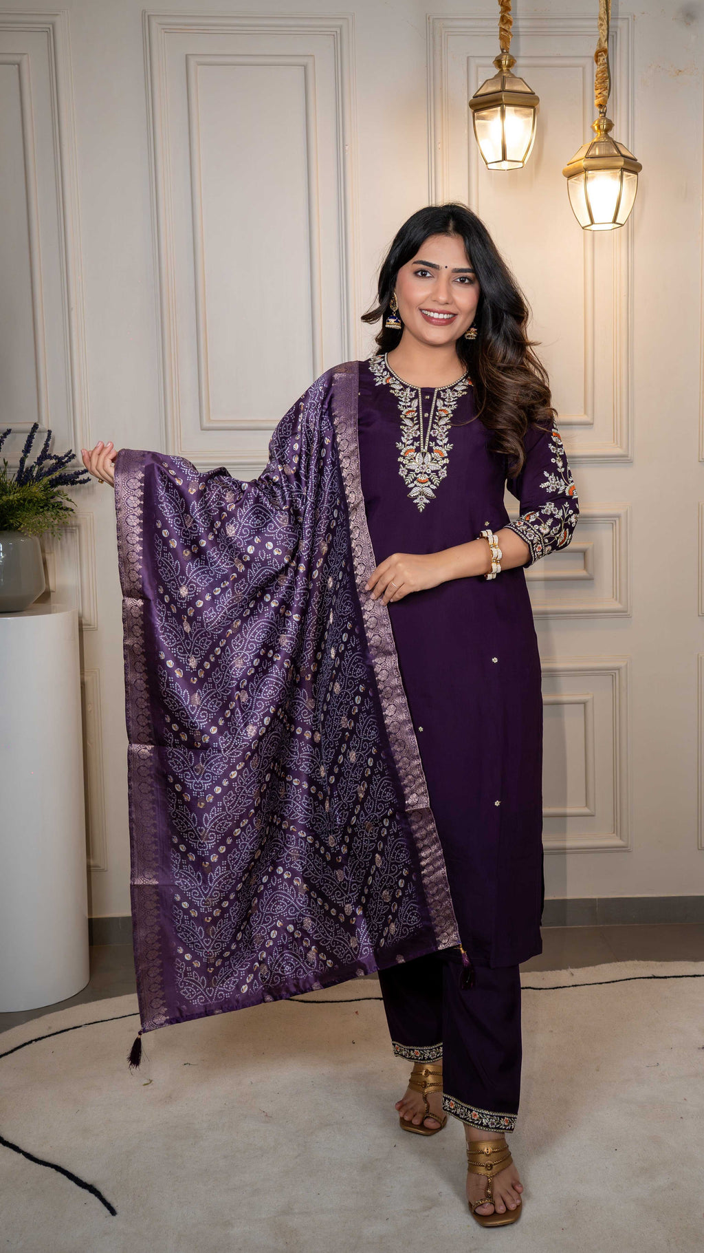 Vedant Vastram Roman Silk Hand Work & Embroidery Work Stitched Kurta Pant Dupatta Set-Purple | Grocsy