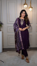 Vedant Vastram Roman Silk Hand Work & Embroidery Work Stitched Kurta Pant Dupatta Set-Purple | Grocsy