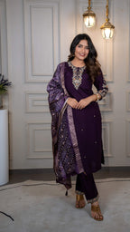 Vedant Vastram Roman Silk Hand Work & Embroidery Work Stitched Kurta Pant Dupatta Set-Purple | Grocsy
