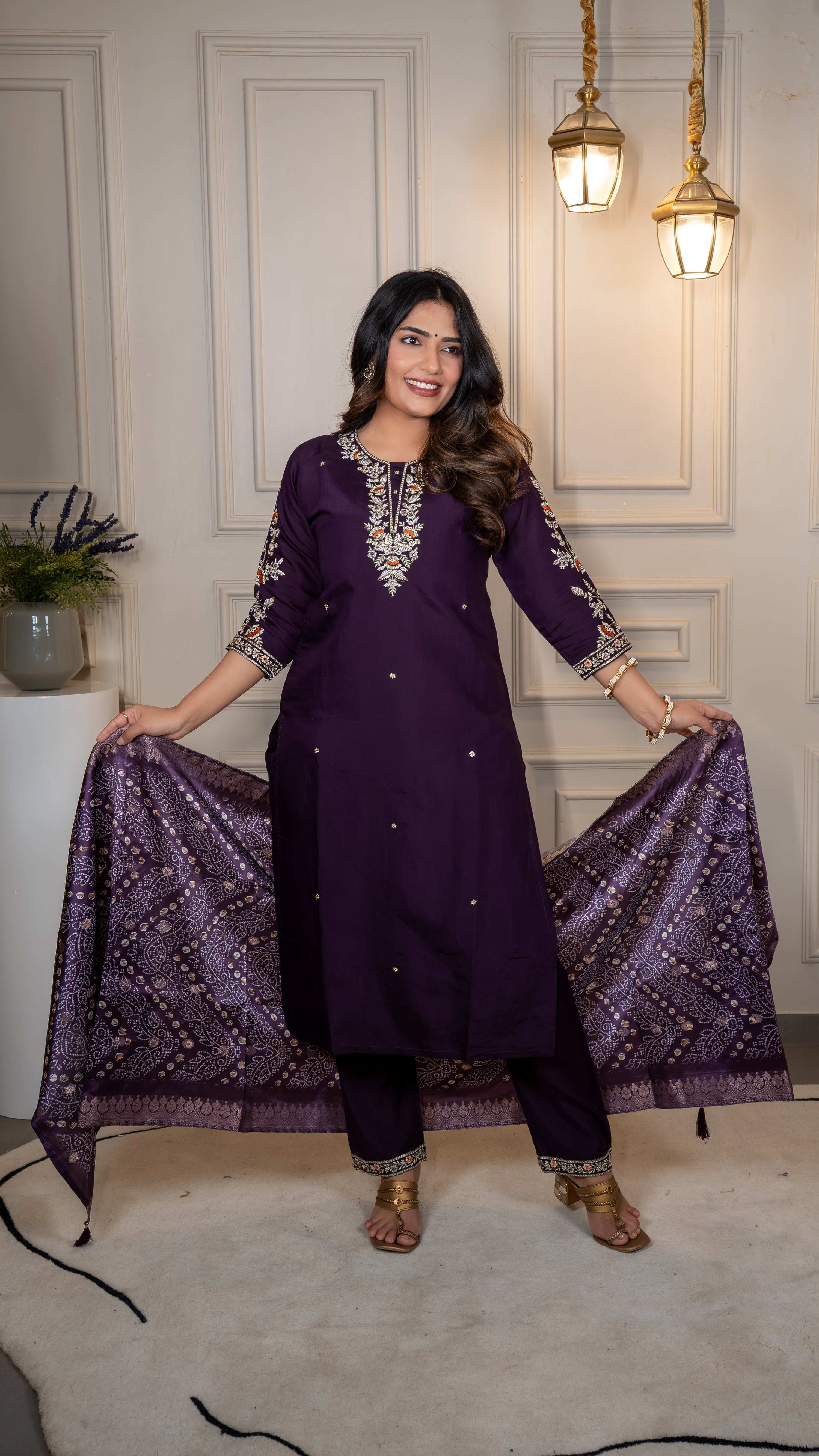 Vedant Vastram Roman Silk Hand Work & Embroidery Work Stitched Kurta Pant Dupatta Set-Purple | Grocsy