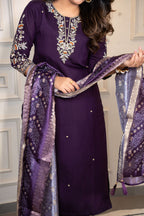 Vedant Vastram Roman Silk Hand Work & Embroidery Work Stitched Kurta Pant Dupatta Set-Purple | Grocsy