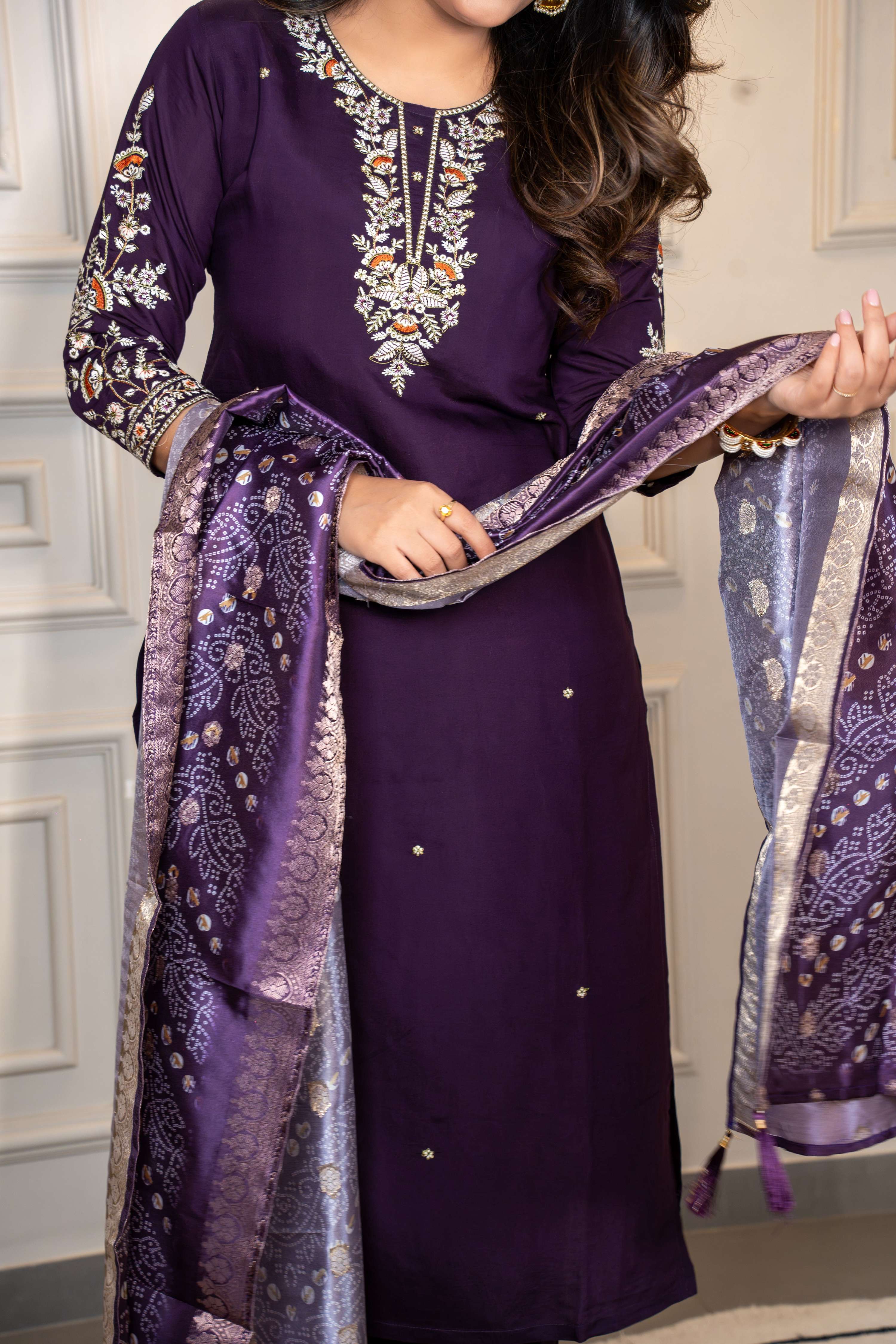 Vedant Vastram Roman Silk Hand Work & Embroidery Work Stitched Kurta Pant Dupatta Set-Purple | Grocsy