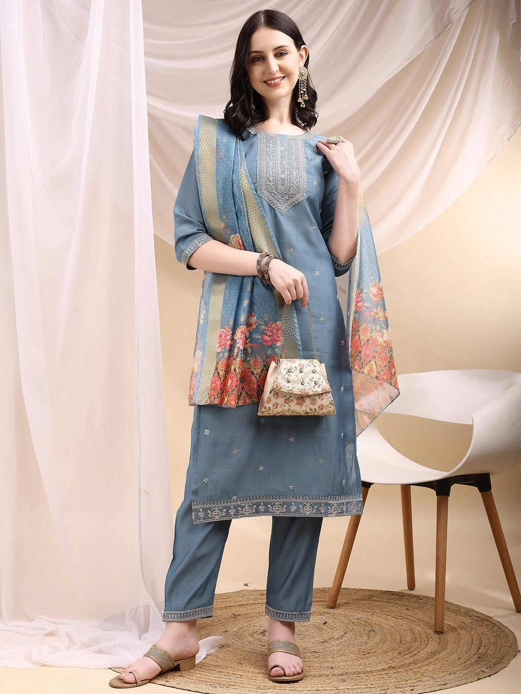 Sequined Embroidered Kurta With Pant & Printed Dupatta, Turquoise - Hiral Fashion | Grocsy