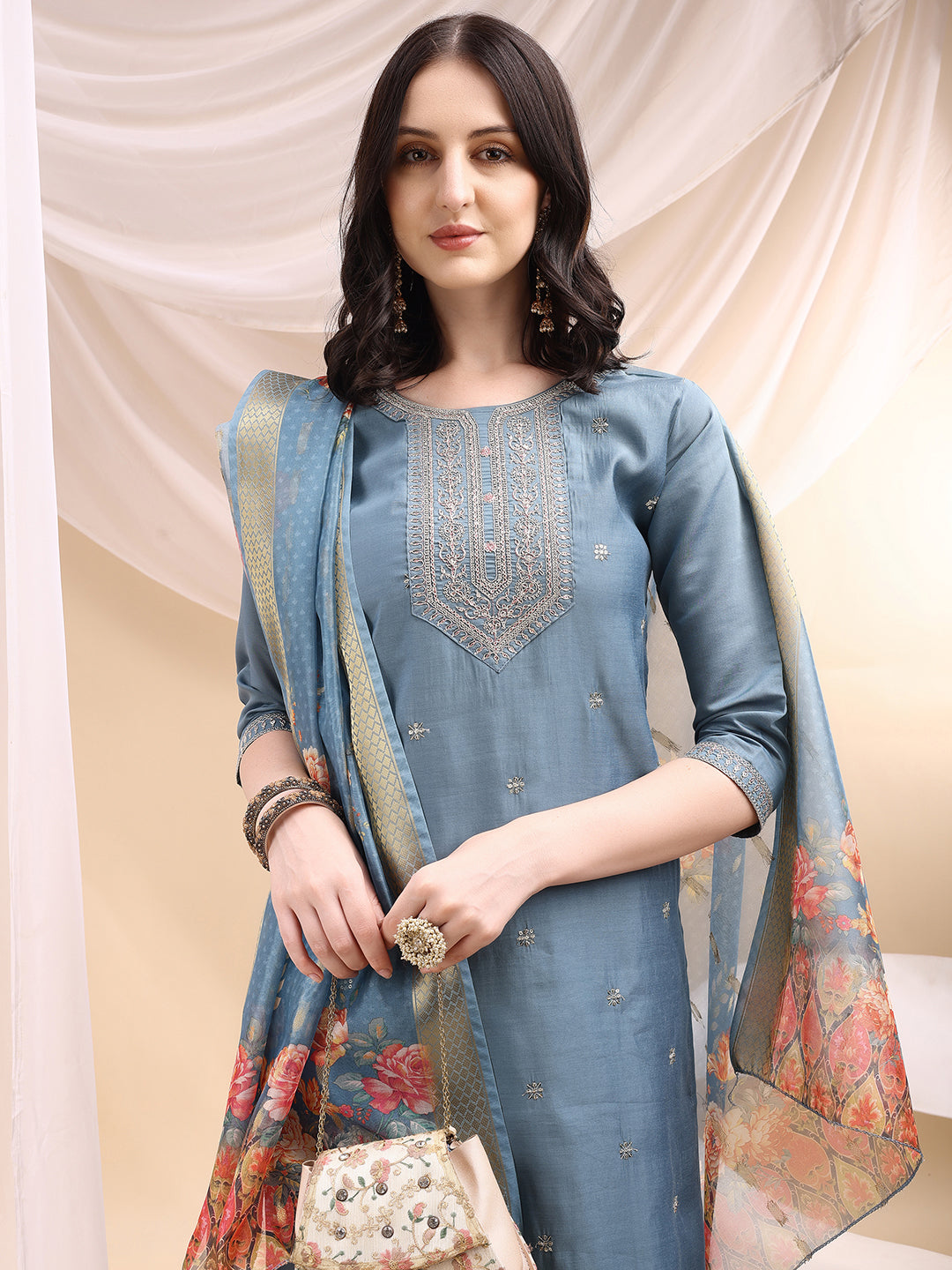 Sequined Embroidered Kurta With Pant & Printed Dupatta, Turquoise - Hiral Fashion | Grocsy