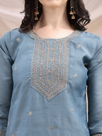 Sequined Embroidered Kurta With Pant & Printed Dupatta, Turquoise - Hiral Fashion | Grocsy