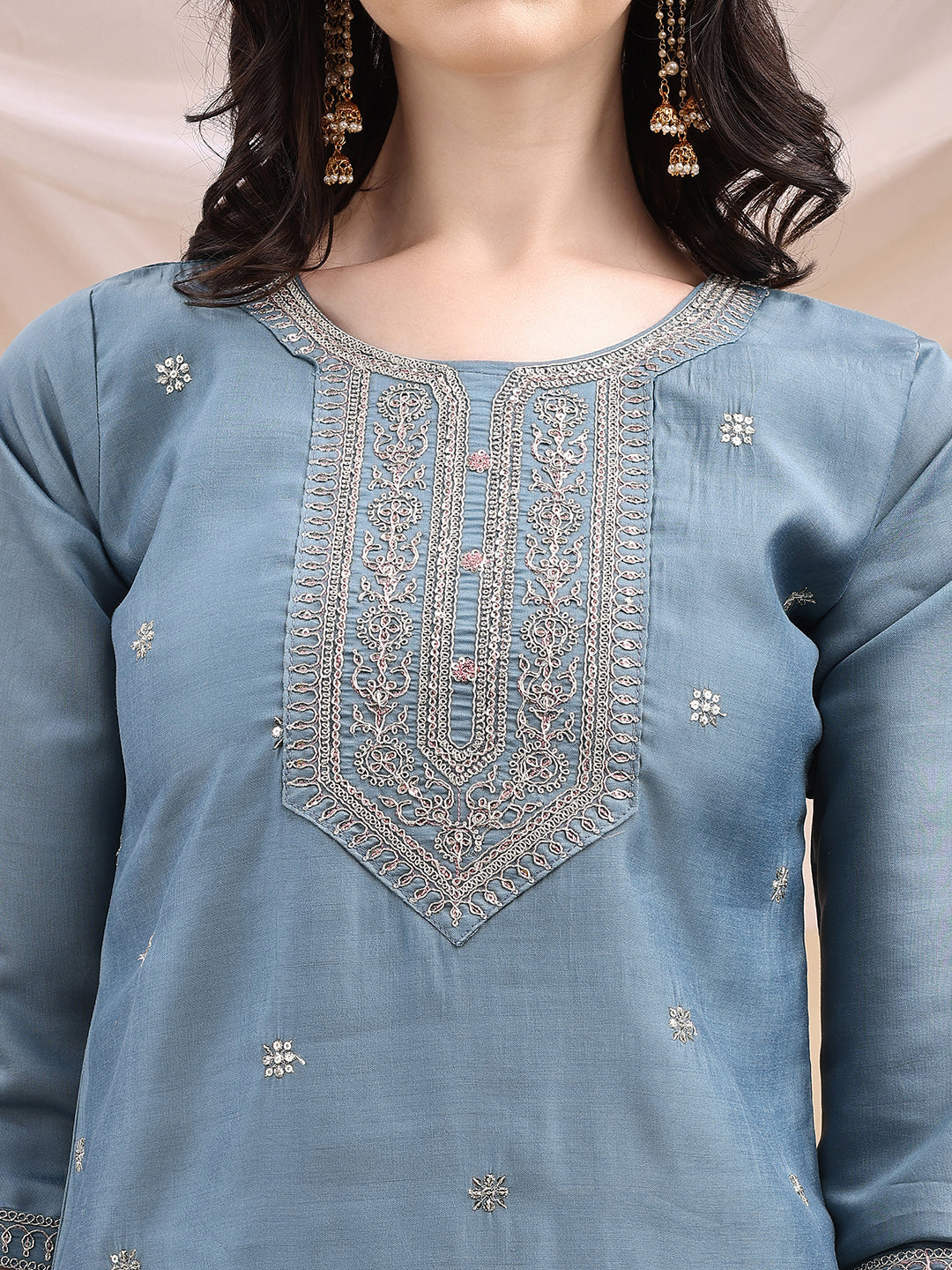 Sequined Embroidered Kurta With Pant & Printed Dupatta, Turquoise - Hiral Fashion | Grocsy