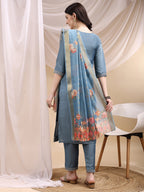 Sequined Embroidered Kurta With Pant & Printed Dupatta, Turquoise - Hiral Fashion | Grocsy